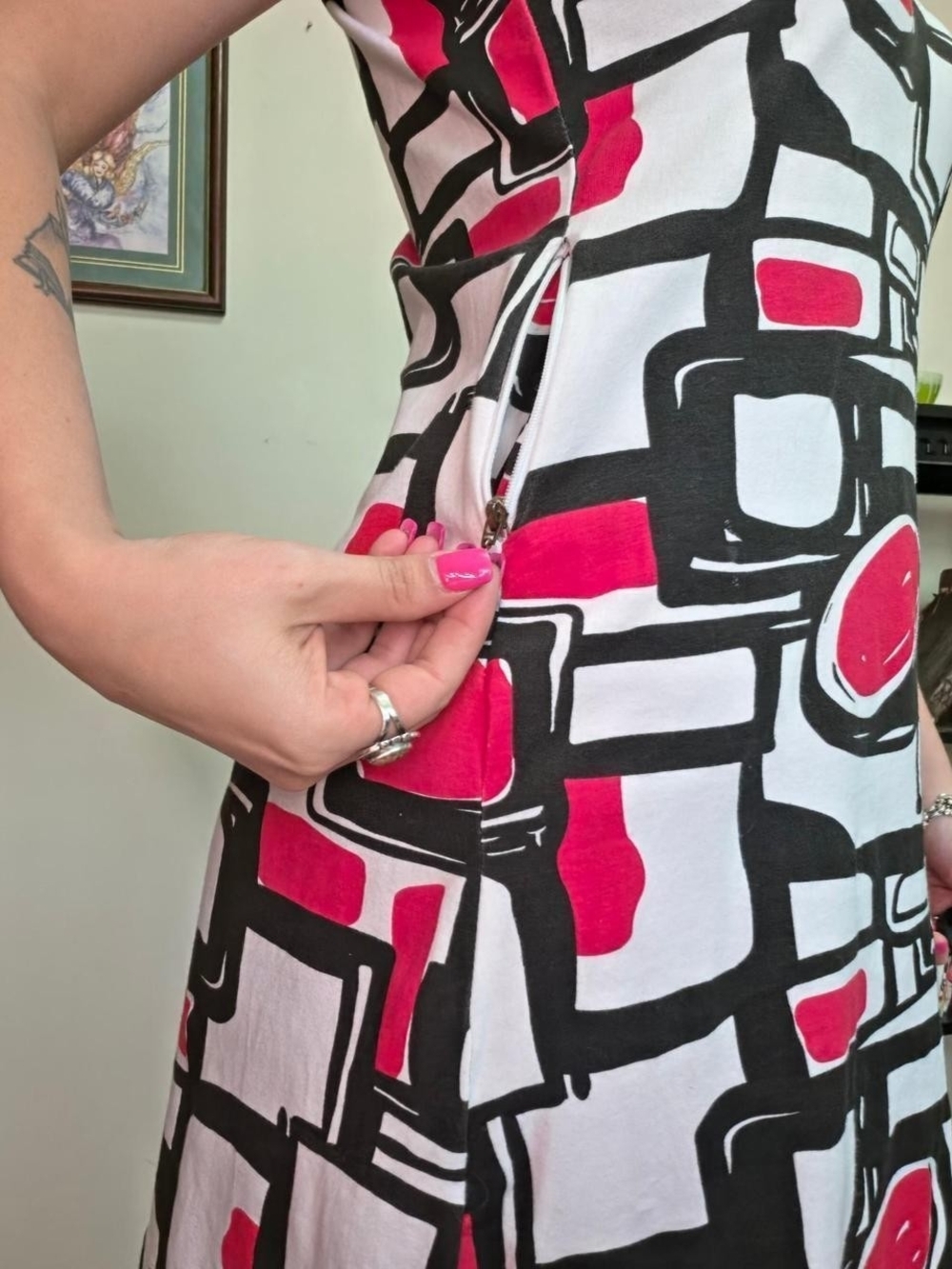 Vintage Geometric Print Dress White & Red Size S - Picture 4 of 6